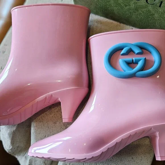 New Authentic Gucci Interlocking GG Logo Rubber Boots Pink Size 35 - Picture 4 of 8